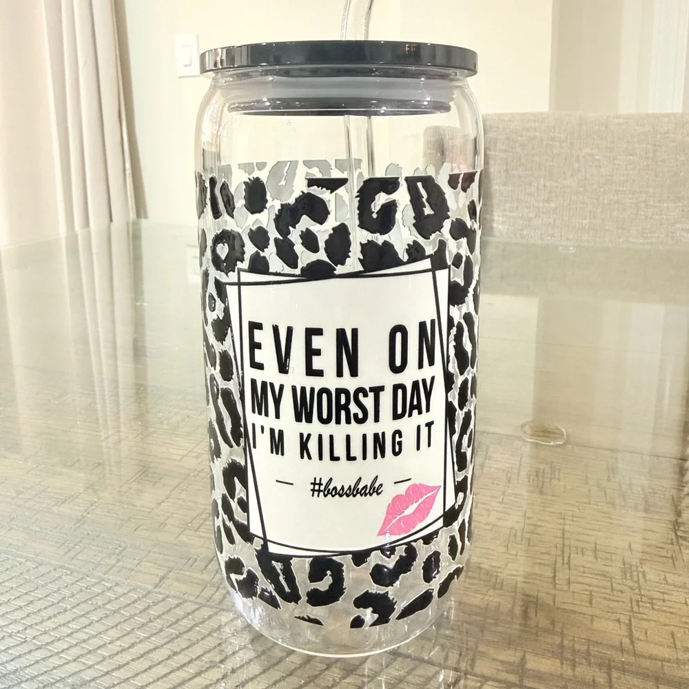 Handmade glass 16 ounce Motivational Leopard cup Tumbler black gift extra lid